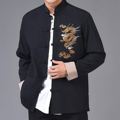 Buddha Stones Dragon Embroidery Frog-button Polyester Men's Jacket Shirt Clothing With Pockets