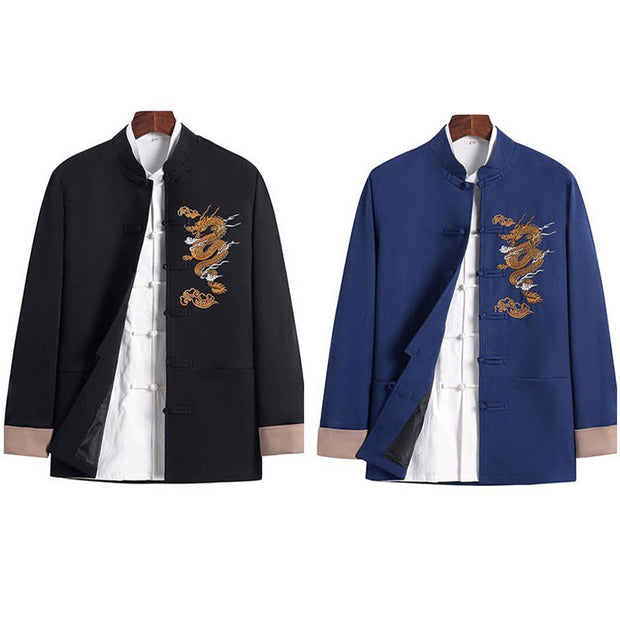 Buddha Stones Dragon Embroidery Frog-button Polyester Men's Jacket Shirt Clothing With Pockets