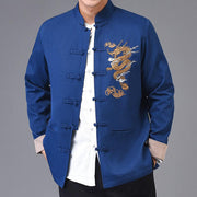 Buddha Stones Dragon Embroidery Frog-button Polyester Men's Jacket Shirt Clothing With Pockets