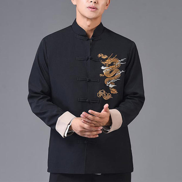 Buddha Stones Dragon Embroidery Frog-button Polyester Men's Jacket Shirt Clothing With Pockets