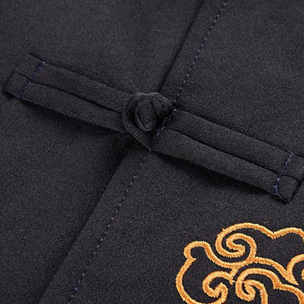 Buddha Stones Dragon Embroidery Frog-button Polyester Men's Jacket Shirt Clothing With Pockets