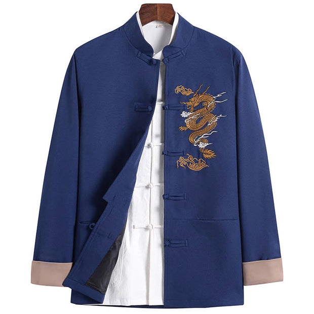 Buddha Stones Dragon Embroidery Frog-button Polyester Men's Jacket Shirt Clothing With Pockets