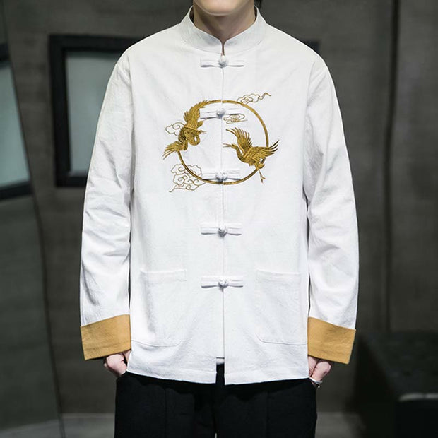 Buddha Stones Crane Embroidery Casual Frog-button Cotton Linen Men's Jacket Shirt Clothing