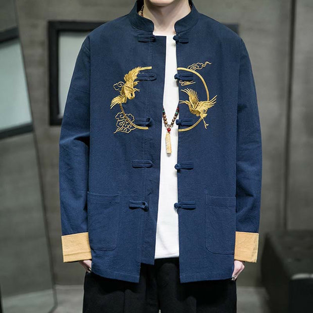 Buddha Stones Crane Embroidery Casual Frog-button Cotton Linen Men's Jacket Shirt Clothing