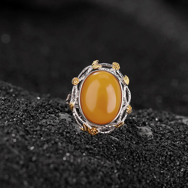 Buddha Stones 990 Sterling Silver Plated Gold Amber Focus Adjustable Ring Ring BS 2