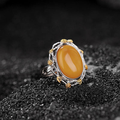 Buddha Stones 990 Sterling Silver Plated Gold Amber Focus Adjustable Ring Ring BS Amber(Circumference: 54-60mm)