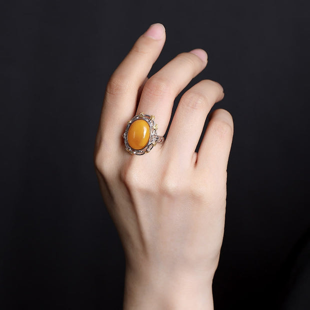 Buddha Stones 990 Sterling Silver Plated Gold Amber Focus Adjustable Ring