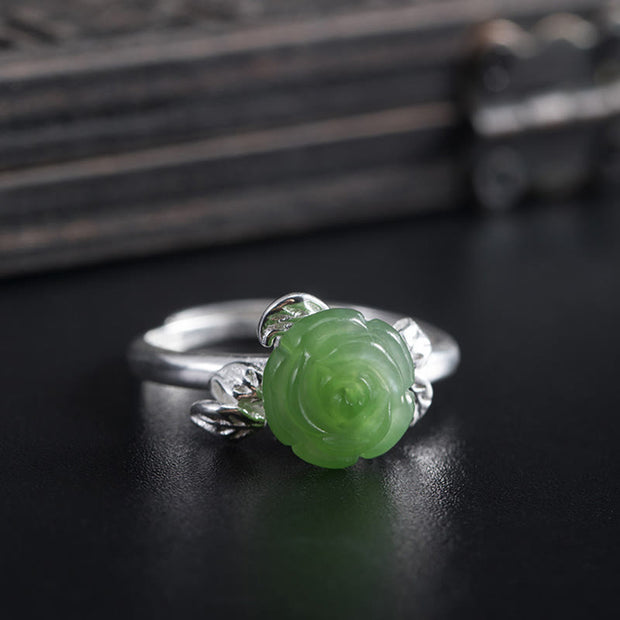 Buddha Stones 925 Sterling Silver Jade Green Rose Luck Adjustable Ring Ring BS 4