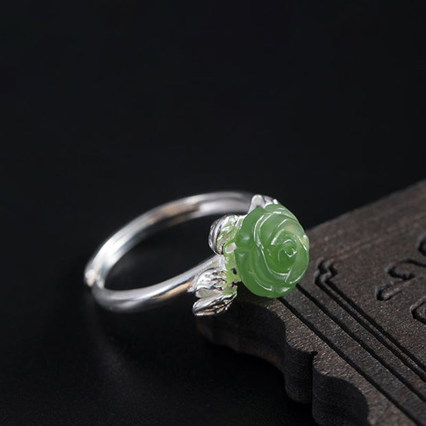 Buddha Stones 925 Sterling Silver Jade Green Rose Luck Adjustable Ring Ring BS 9