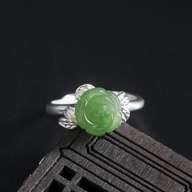 Buddha Stones 925 Sterling Silver Jade Green Rose Luck Adjustable Ring Ring BS Jade Rose(Circumference: 56-59mm)