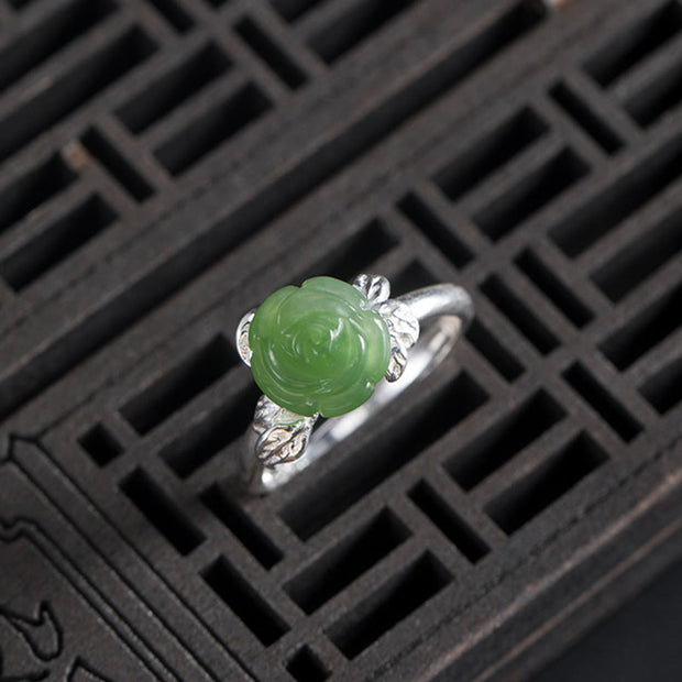 Buddha Stones 925 Sterling Silver Jade Green Rose Luck Adjustable Ring