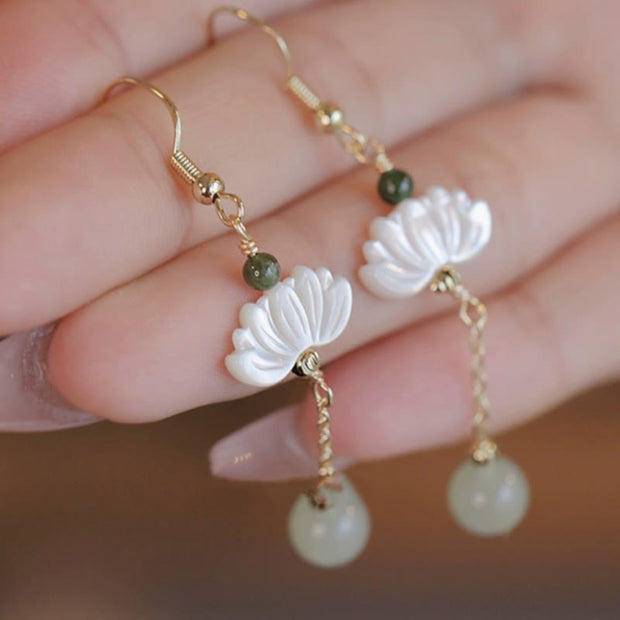 Buddha Stones Hetian Jade Lotus Prosperity Earrings Earrings BS 8