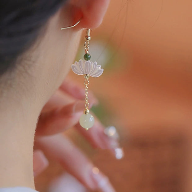 Buddha Stones Hetian Jade Lotus Prosperity Earrings