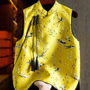 Buddha Stones Vintage Embroidery Crane Plants Pattern Knot Button Vest Waistcoat BS Yellow US12，UK/AU16，EU44 (3XL)