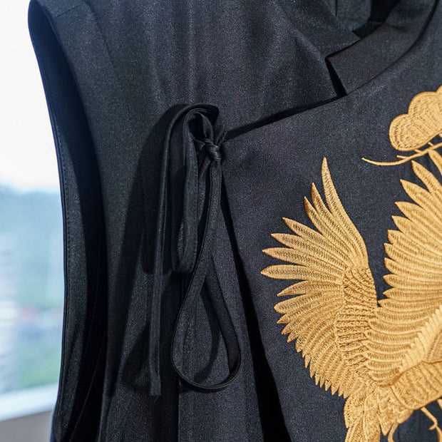 Buddha Stones Vintage Embroidery Golden Crane Cloud Pattern Vest - image 1
