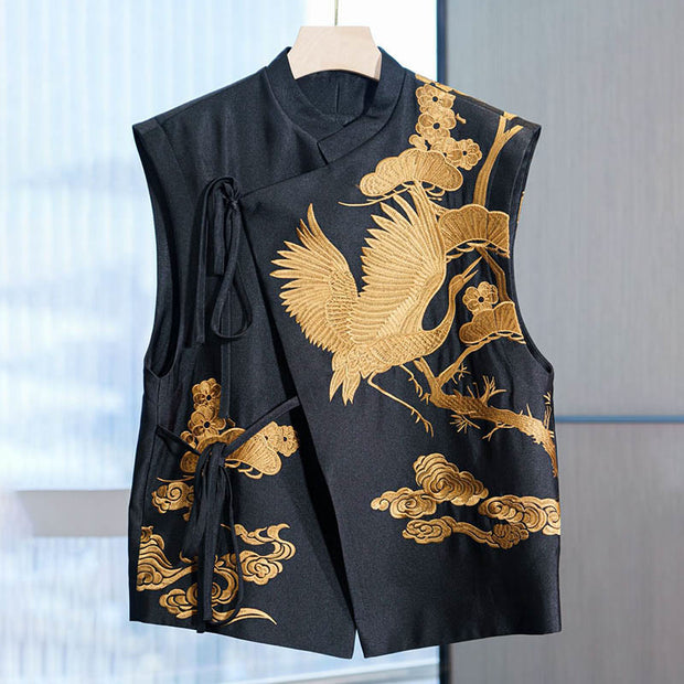 Buddha Stones Vintage Embroidery Golden Crane Cloud Pattern Vest Waistcoat BS Golden US12，UK/AU16，EU44 (3XL)