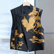 Buddha Stones Vintage Embroidery Golden Crane Cloud Pattern Vest - Golden - US12，UK/AU16，EU44 (3XL) - image 0