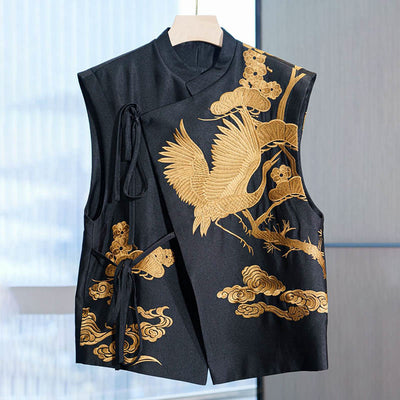 Buddha Stones Vintage Embroidery Golden Crane Cloud Pattern Vest - Golden - US12，UK/AU16，EU44 (3XL) - image 0