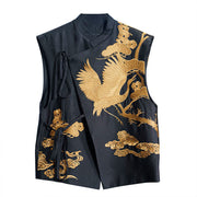 Buddha Stones Vintage Embroidery Golden Crane Cloud Pattern Vest Waistcoat BS 3