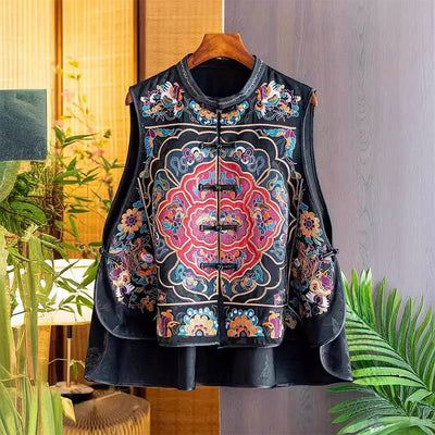 Buddha Stones Vintage Embroidery Colorful Cloud Flower Pattern Vest