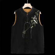 Buddha Stones Vintage Embroidery Leaves Flowers Pattern Velvet Vest