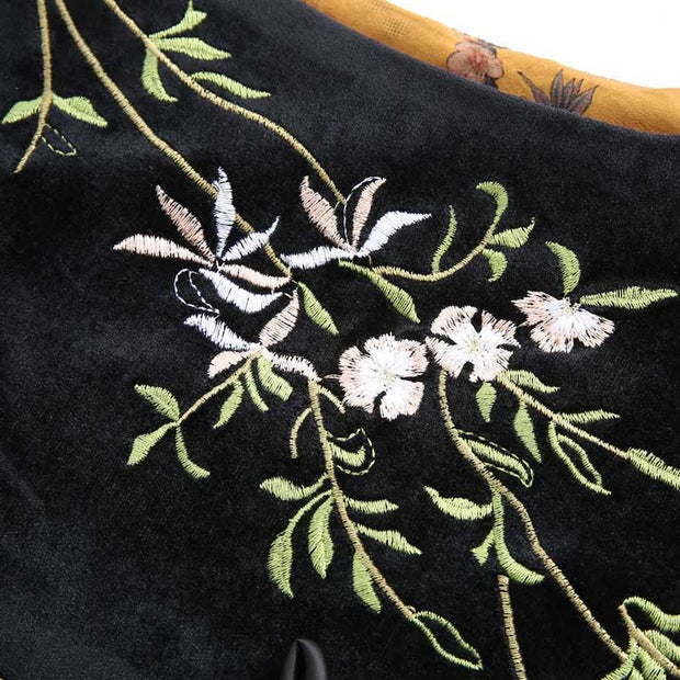 Buddha Stones Vintage Embroidery Leaves Flowers Pattern Velvet Vest