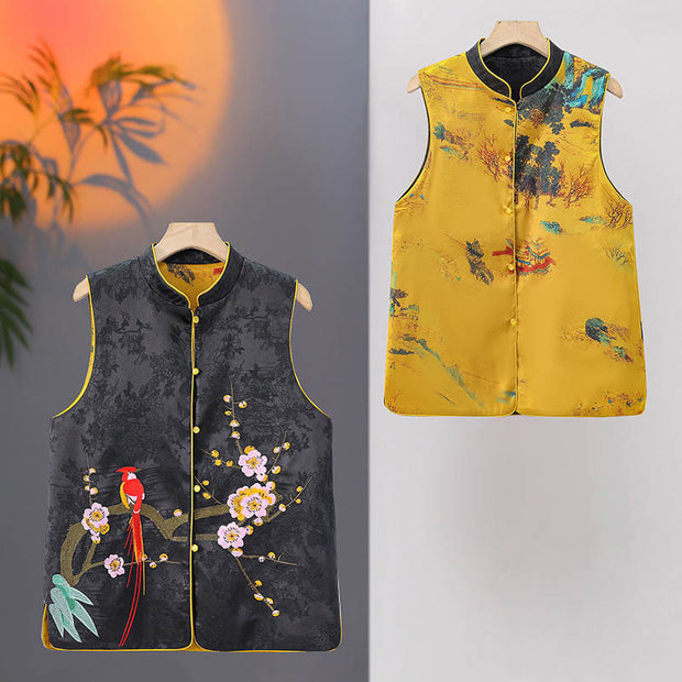 Buddha Stones Vintage Embroidery Plum Blossom Pattern Double-Sided Wear Vest Waistcoat BS 10