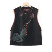 Buddha Stones Vintage Embroidery Jacquard Weave Flower Pattern Vest Waistcoat BS Black US16，UK/AU20，EU48 (5XL)