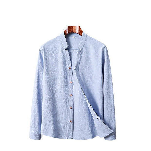 Buddha Stones Stand Collar Pure Color Casual Cotton Linen Shirt