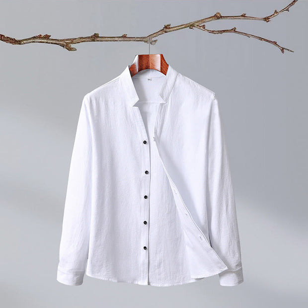 Buddha Stones Stand Collar Pure Color Casual Cotton Linen Shirt