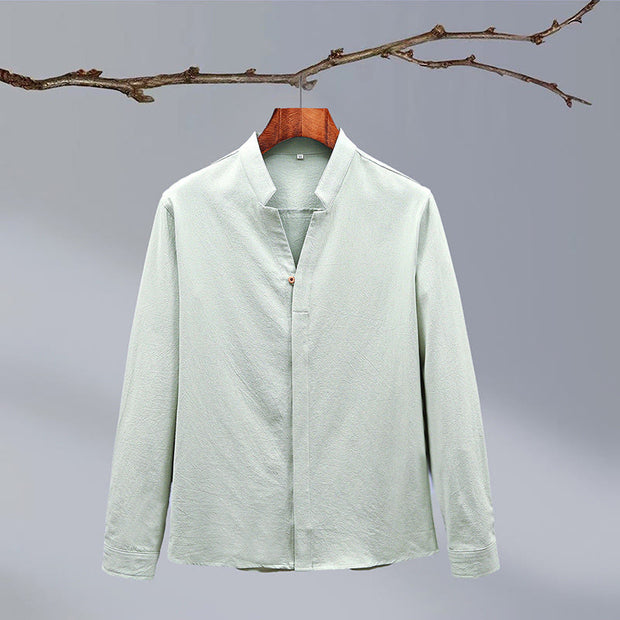 Buddha Stones Stand Collar Pure Color Casual Cotton Linen Shirt