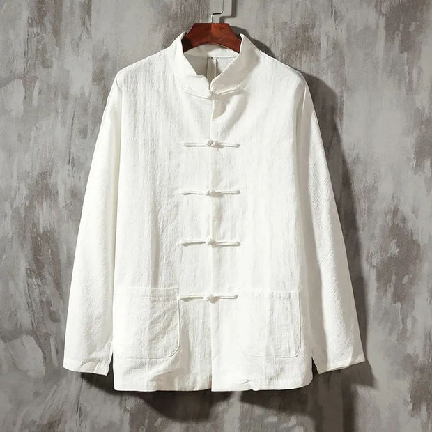 Buddha Stones Stand Collar Tang Suit Casual Cotton Linen Shirt Men's Shirts BS White US/UK/AU46，EU56 (5XL)