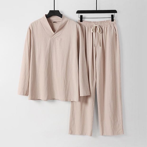 Buddha Stones Cross-Collars Cotton Tang Suit Hanfu Top Pants Clothing Men's Set - Bisque - US/UK/AU54，EU64 (9XL) - image 10