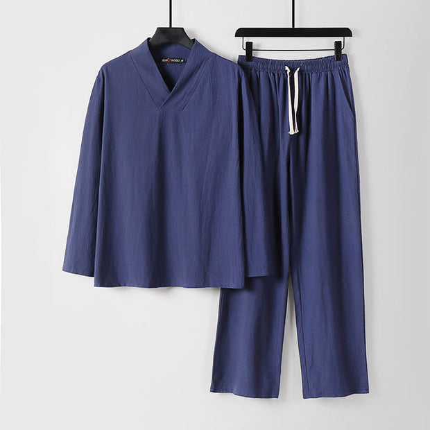 Buddha Stones Cross-Collars Cotton Tang Suit Hanfu Top Pants Clothing Men's Set - DarkSlateBlue - US/UK/AU54，EU64 (9XL) - image 13