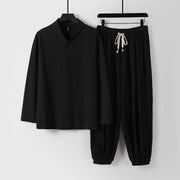 Buddha Stones Cross-Collars Cropped Bloomers Cotton Tang Suit Hanfu Top Pants Clothing Men's Set Men's Meditation Cloth BS Black US/UK/AU54，EU64 (9XL)