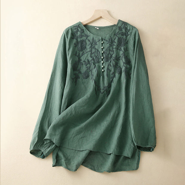 Buddha Stones Casual Embroidery Flower Round Neck Long Sleeve Cotton Linen Top Women's Shirts Women's Shirts BS Teal US/UK/AU40，EU50 (2XL)