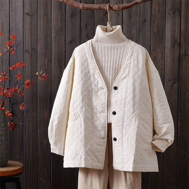 Buddha Stones Spring Autumn Solid Color Plaid Design Long Sleeve Cotton Jacket With Pockets