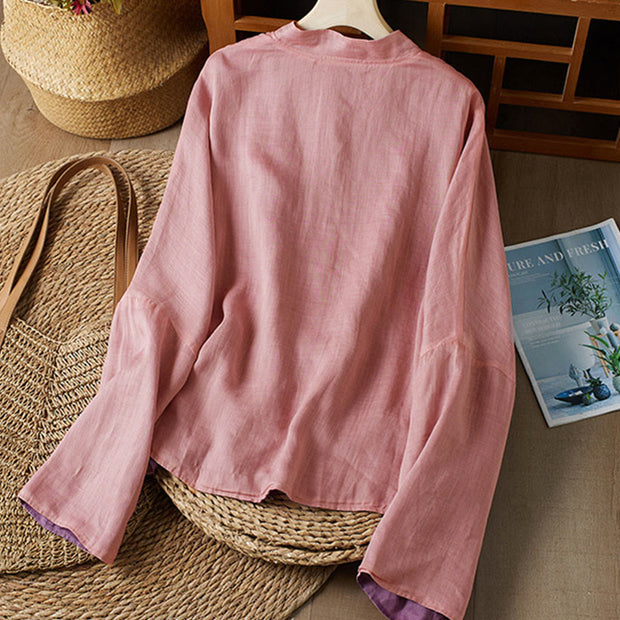 Buddha Stones V Neck Casual Solid Color Long Sleeve Shirt Cotton Linen Women's Shirts