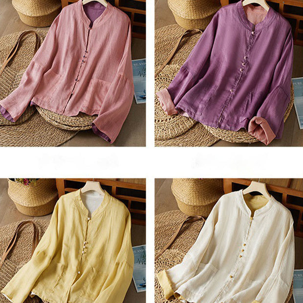 Buddha Stones V Neck Casual Solid Color Long Sleeve Shirt Cotton Linen Women's Shirts