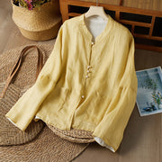 Buddha Stones V Neck Casual Solid Color Long Sleeve Shirt Cotton Linen Women's Shirts