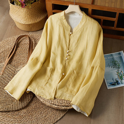 Buddha Stones V Neck Casual Solid Color Long Sleeve Shirt Cotton Linen Women's Shirts Women's Shirts BS Yellow&White US/UK/AU40，EU50 (2XL)