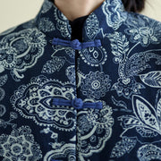 Buddha Stones Winter Blue And White Flowers Warm Frog Button Design Long Sleeve Cotton Jacket