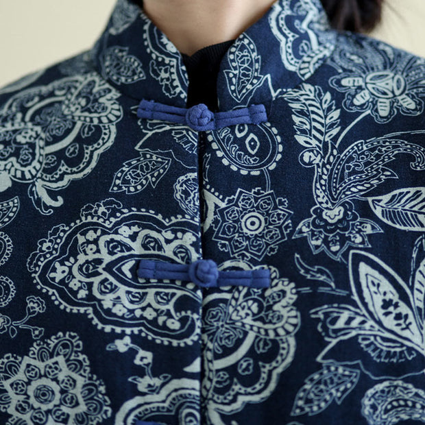 Buddha Stones Winter Blue And White Flowers Warm Frog Button Design Long Sleeve Cotton Jacket Women's Jacket BS 4