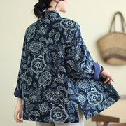 Buddha Stones Winter Blue And White Flowers Warm Frog Button Design Long Sleeve Cotton Jacket Women's Jacket BS 3