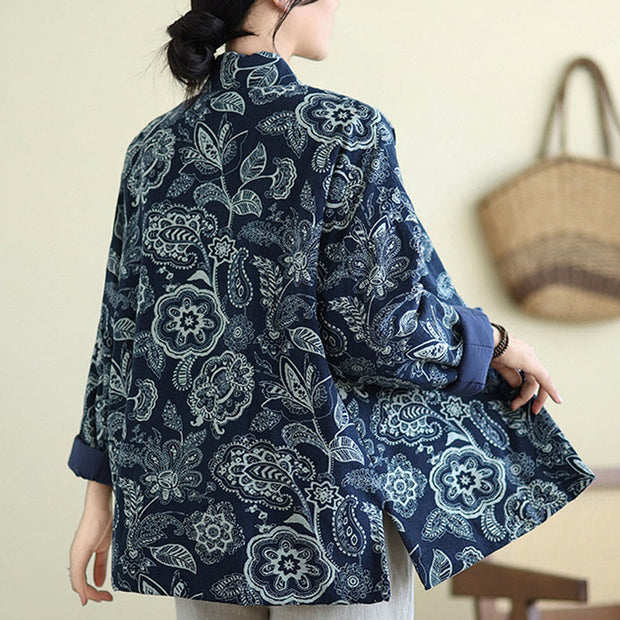 Buddha Stones Winter Blue And White Flowers Warm Frog Button Design Long Sleeve Cotton Jacket