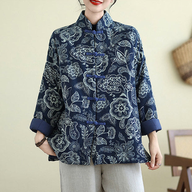 Buddha Stones Winter Blue And White Flowers Warm Frog Button Design Long Sleeve Cotton Jacket Women's Jacket BS 7