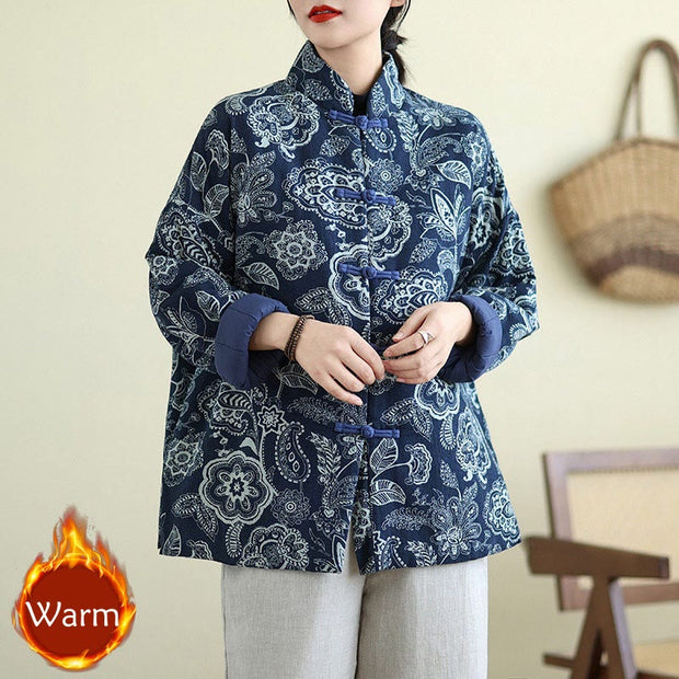 Buddha Stones Winter Blue And White Flowers Warm Frog Button Design Long Sleeve Cotton Jacket Women's Jacket BS 1