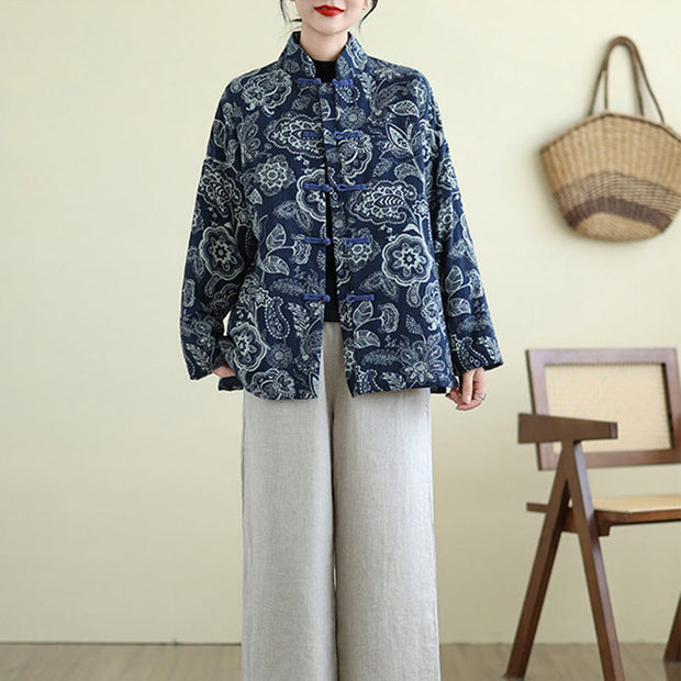 Buddha Stones Winter Blue And White Flowers Warm Frog Button Design Long Sleeve Cotton Jacket Women's Jacket BS 8