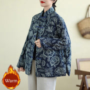 Buddha Stones Winter Blue And White Flowers Warm Frog Button Design Long Sleeve Cotton Jacket Women's Jacket BS SteelBlue US8-10，UK/AU12-14，EU40-42 (2XL)