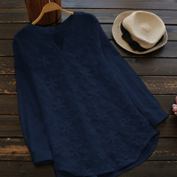 Buddha Stones V Neck Casual Long Sleeve Shirt Cotton Linen Women's Shirts